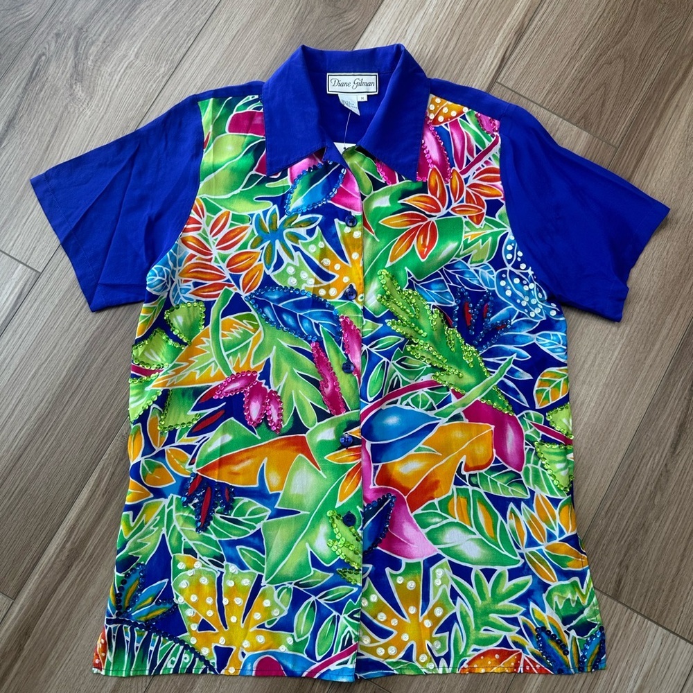 Vintage 100% Silk Sequin Embellished Royal Blue Green Tropical Button Down🌴 - Picture 3 of 8